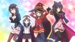  4girls arue_(konosuba) bandages black_hair blush braid breasts cape dress eyepatch fingerless_gloves gloves hair_ornament hat komekko kono_subarashii_sekai_ni_shukufuku_wo! large_breasts long_hair looking_at_viewer low_twintails megumin multiple_girls necktie official_art open_mouth red_eyes shirt short_hair skirt smile star star_hair_ornament thigh-highs twintails witch_hat yunyun_(konosuba) 