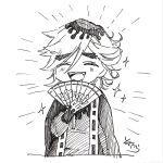  1boy :d ^_^ bangs blush closed_eyes douma_(kimetsu_no_yaiba) eyebrows_visible_through_hair facing_viewer fan fangs folding_fan hair_between_eyes holding holding_fan kimetsu_no_yaiba long_sleeves male_focus open_clothes open_mouth ribbon_trim signature simple_background smile sofra solo sparkle thick_eyebrows upper_body white_background 