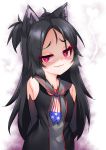  1girl american_flag american_flag_print animal_ear_fluff animal_ears arms_behind_back azur_lane bangs bare_shoulders black_dress black_gloves black_hair breasts cat_ears commentary_request covered_navel dark_persona dress elbow_gloves eyebrows_visible_through_hair flag_print gloves glowing glowing_eyes grey_sailor_collar heart heavy_breathing highres kirisame_mia long_hair looking_at_viewer parted_bangs parted_lips print_neckwear sailor_collar sailor_dress sims_(azur_lane) sleeveless sleeveless_dress small_breasts solo two_side_up upper_body very_long_hair violet_eyes 