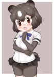  1girl :o animal_ears artist_name bear_ears bear_girl bear_tail bike_shorts black_gloves black_skirt blue_neckwear blush bow bowtie breast_hold breasts brown_bear_(kemono_friends) brown_eyes collared_shirt commentary_request cowboy_shot elbow_gloves extra_ears eyebrows_visible_through_hair fingerless_gloves gloves grey_background highres index_finger_raised kemono_friends large_breasts looking_at_viewer masuyama_ryou multicolored_hair shirt short_hair short_sleeves shorts shorts_under_skirt skirt solo tail two-tone_background two-tone_hair white_background white_shirt 