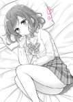  1girl bed_sheet blush bow bowtie collared_shirt highres long_sleeves looking_at_viewer love_live! love_live!_school_idol_project lying miniskirt nishikino_maki on_side otonokizaka_school_uniform pillow plaid plaid_skirt sakurai_makoto_(custom_size) school_uniform shirt short_hair skirt solo spot_color striped striped_neckwear undone_bowtie 