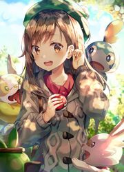  1girl alternate_hair_length alternate_hairstyle bangs blurry brown_eyes brown_hair cardigan dappled_sunlight day depth_of_field gen_8_pokemon green_headwear grey_cardigan grookey hair_between_eyes hair_tucking hat highres holding holding_poke_ball huwali_(dnwls3010) long_hair long_sleeves looking_at_viewer poke_ball pokemon pokemon_(creature) pokemon_(game) pokemon_swsh scorbunny smile sobble sunlight tam_o&#039;_shanter upper_body yamper yuuri_(pokemon) 