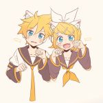  1boy 1girl animal_ears bangs black_collar black_sleeves blonde_hair blue_eyes bow cat_ears collar commentary cropped_torso detached_sleeves fang fish hair_bow hair_ornament hairclip hands_up headphones highres kagamine_len kagamine_rin light_blush looking_at_viewer m0ti necktie open_mouth paw_pose sailor_collar school_uniform shirt short_hair short_ponytail short_sleeves sleeveless sleeveless_shirt smile spiky_hair swept_bangs upper_body vocaloid whiskers white_bow white_shirt 