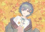  1girl ahoge androgynous autumn autumn_leaves bangs book coat commentary_request eyebrows_visible_through_hair frilled_shirt_collar frills green_eyes green_hair grey_coat hair_between_eyes hair_ornament holding holding_book kuroyuki leaf leaf_background looking_at_viewer lying maple_leaf messy_hair neck_ribbon off-shoulder_jacket on_back original parted_lips ribbon shirt short_hair sleeves_past_wrists smile solo striped upper_body upper_teeth white_shirt 