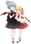  2girls :d alternate_costume alternate_hairstyle artist_request bangs bare_shoulders bat_wings black_dress black_footwear blonde_hair blue_hair blush bow cup dress drill_hair drinking_glass eyebrows_visible_through_hair fang feather_boa flandre_scarlet full_body hair_between_eyes hair_bow hair_bun highres holding holding_cup looking_at_viewer multiple_girls no_hat no_headwear one_eye_closed one_side_up open_mouth pointy_ears red_bow red_dress red_eyes remilia_scarlet shoes short_dress short_hair short_sleeves siblings sisters sleeveless sleeveless_dress smile standing touhou transparent_background wine_glass wing_collar wings 