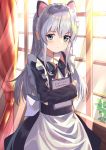  1girl alternate_costume animal_ears apron black_dress blue_eyes blush cat_ears curtains dress enmaided eyebrows_visible_through_hair hair_between_eyes hibiki_(kantai_collection) kantai_collection long_hair long_sleeves maid maid_apron maid_dress maid_headdress moyasi3409854 silver_hair solo white_apron window 