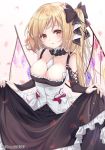  1girl artist_name azur_lane bangs bare_shoulders between_breasts black_bow black_dress black_nails blonde_hair blush bow breasts collarbone commentary_request cosplay cowboy_shot crystal dress eyebrows_visible_through_hair flandre_scarlet formidable_(azur_lane) formidable_(azur_lane)_(cosplay) frills gradient gradient_background hair_bow haruki_(colorful_macaron) highres long_hair long_sleeves looking_at_viewer medium_breasts nail_polish one_side_up parted_lips petals pink_background red_eyes skirt_hold solo standing touhou twitter_username white_background wings 