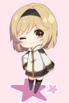  1girl ;) bangs black_hairband blonde_hair brown_eyes chibi commentary_request djeeta_(granblue_fantasy) full_body granblue_fantasy hairband hand_on_hip jacket long_sleeves looking_at_viewer nameneko_(124) one_eye_closed pink_background short_hair smile solo standing star v-shaped_eyebrows 