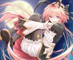  1boy ass astolfo_(fate) astolfo_(saber)_(fate) bangs black_bow black_dress black_footwear black_gloves black_legwear black_neckwear black_ribbon blurry blurry_background blush bow bowtie buttons commentary_request dress fang fate/grand_order fate_(series) full_moon gloves hair_between_eyes hair_bow hair_intakes hair_ribbon highres hu-ca juliet_sleeves layered_skirt leg_hug long_hair long_sleeves looking_at_viewer low_twintails moon multicolored_hair night night_sky open_mouth otoko_no_ko partial_commentary pink_hair puffy_sleeves ribbon skirt sky smile solo streaked_hair twintails violet_eyes white_bloomers white_hair white_skirt wide_sleeves wing_collar 