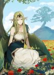  1girl absurdres armlet blue_sky closed_mouth clouds day dress earrings fire_emblem fire_emblem_echoes:_shadows_of_valentia flower green_hair highres horn jewelry long_hair mila_(fire_emblem) outdoors pointy_ears sitting sky smile solo tree yayster 