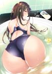  1girl all_fours ass black_hair blush bottle brown_eyes competition_swimsuit from_behind highres hirari long_hair looking_at_viewer looking_back one-piece_swimsuit open_mouth rubber_duck solo swimsuit very_long_hair violet_eyes wet 