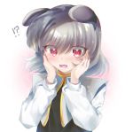  !? 1girl animal_ears bangs black_vest blush capelet commentary_request eyebrows_visible_through_hair fang grey_capelet grey_hair hair_between_eyes highres long_sleeves looking_at_viewer mouse_ears nazrin open_mouth puffy_sleeves red_eyes shirt short_hair solo sparkle touhou upper_body vest white_background white_shirt zuzuhashi 