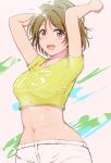  1girl :d absurdres ankoiri arms_up ascii_media_works blush brown_hair bushiroad clothes_writing crop_top cute green_shirt group_name highres koizumi_hanayo looking_at_viewer love_live! love_live!_school_idol_project midriff navel open_mouth paint_splatter pants shirt short_hair short_sleeves smile solo sparkle stomach sunrise_(studio) violet_eyes white_pants 