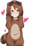  1girl animegao blush brown_hair closed_mouth collared_shirt cosplay embarrassed eyebrows_visible_through_hair green_eyes heart highres kigurumi koshigaya_komari long_hair long_sleeves looking_at_viewer non_non_biyori riyo_(aokiwazumi) shirt simple_background solo white_background 