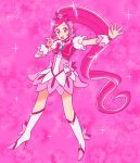  boots bow colorful cure_blossom floral_background flower full_body gem hair_flower hair_ornament hanasaki_tsubomi heartcatch_precure! high_heels highres kstnt long_hair magical_girl pink_background pink_eyes pink_hair pink_skirt ponytail pose precure screentones shiny shiny_hair skirt sparkle wristband 