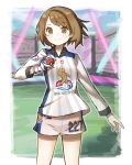  1girl absurdres bracelet brown_eyes brown_hair cowboy_shot gloves gym_challenge_uniform highres jewelry peppedayo_ne poke_ball poke_ball_(generic) pokemon pokemon_(game) pokemon_swsh shorts single_glove smile stadium yuuri_(pokemon) 