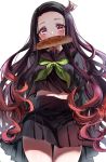  1girl black_hair black_sailor_collar black_serafuku black_shirt black_skirt blush bread_bun breasts forehead gradient_hair green_neckwear hair_ribbon highres kamado_nezuko kimetsu_no_yaiba long_hair long_sleeves looking_at_viewer mouth_hold multicolored_hair navel neckerchief pink_eyes pink_hair pink_ribbon pleated_skirt ribbon sailor_collar sak_(lemondisk) school_uniform serafuku shirt simple_background skirt small_breasts solo thighs white_background 