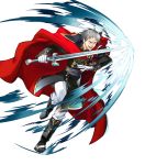  1boy aura belt boots cape fire_emblem fire_emblem:_thracia_776 fire_emblem_heroes full_body gloves grey_eyes grey_hair highres kempf_(fire_emblem) male_focus mekameka_shii official_art open_mouth solo sword teeth transparent_background weapon 