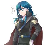  1girl blue_eyes blue_hair byleth_(fire_emblem) byleth_eisner_(female) cape closed_mouth cosplay fire_emblem fire_emblem:_three_houses gloves hubert_von_vestra hubert_von_vestra_(cosplay) long_sleeves medium_hair robaco simple_background solo upper_body white_background white_gloves 