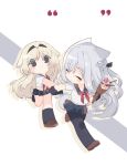  2girls ak-12_(girls_frontline) an-94_(girls_frontline) animal_ears blonde_hair braid chibi chinese_commentary closed_eyes commentary_request cui_pi_cha_tu dog_ears food french_braid girls_frontline gloves highres holding_hands ice_cream ice_cream_cone long_hair multiple_girls school_uniform serafuku shoes silver_hair socks thigh-highs 