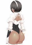  ass back black_hair black_leotard breasts dark_skin headband highres juliet_sleeves large_breasts legs_together leotard long_sleeves mole mole_under_mouth nier_(series) nier_automata parted_lips puffy_sleeves ryu_seung short_hair thigh-highs thighs white_blindfold white_headband white_legwear yorha_no._2_type_p 
