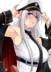 1girl armpits azur_lane bangs bare_shoulders black_neckwear blush breasts closed_mouth coat enterprise_(azur_lane) eyebrows_visible_through_hair hat highres large_breasts long_hair looking_at_viewer necktie peaked_cap shirt signature silver_hair simple_background sleeveless sleeveless_shirt smile solo very_long_hair violet_eyes white_background xtermination 