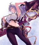  1girl ahoge armpits bangs bare_shoulders belt braid breasts buckle collared_shirt crop_top floating_hair granblue_fantasy hair_between_eyes highres holding holding_coat large_breasts long_hair looking_at_viewer midriff navel nos open_mouth partially_undressed shirt sidelocks silva_(granblue_fantasy) silver_hair sleeveless sleeveless_shirt solo twin_braids underbust very_long_hair wide_sleeves wind yellow_eyes 