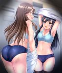  2girls arashio_(kantai_collection) asashio_(kantai_collection) ass black_hair black_legwear blue_eyes blush breasts brown_eyes brown_hair buruma dressing_room eyebrows_visible_through_hair hair_between_eyes hair_ornament kantai_collection long_hair looking_at_viewer medium_breasts multiple_girls open_mouth shirt small_breasts smile sports_bra sportswear thigh-highs underwear undressing zanntetu 