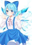  1girl absurdres bangs blue_bow blue_eyes blue_hair blue_skirt blush bow cirno commentary cowboy_shot eyebrows_visible_through_hair hair_bow hands_up highres ice ice_wings long_sleeves looking_at_viewer neck_ribbon red_neckwear red_ribbon ribbon shiki_(s1k1xxx) shirt short_hair skirt solo suspender_skirt suspenders touhou white_background white_shirt wings 