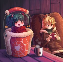  2girls =_= alternate_costume blonde_hair bow brown_eyes bucket bug coffee_mug couch cup eyebrows_visible_through_hair fur-trimmed_jacket fur-trimmed_sleeves fur_trim green_hair hair_bow hair_bun in_container jacket kisume knitting kurodani_yamame long_sleeves mug multiple_girls short_hair silk spider spider_web subterranean_animism sunyup touhou turtleneck wooden_table wooden_wall yarn yarn_ball 