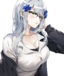  1girl bangs black_bra black_jacket blunt_bangs blush bra breasts collared_shirt eyebrows_visible_through_hair facial_mark girls_frontline glasses green_eyes hair_ornament hana09487817 hk416_(girls_frontline) jacket large_breasts long_hair looking_at_viewer over-rim_eyewear parted_lips semi-rimless_eyewear shirt silver_hair smile solo teardrop underwear white_shirt 