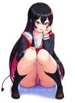  1girl arata black_hair black_legwear brown_footwear demon_tail full_body hair_between_eyes hand_up highres multicolored_hair panties pantyshot pantyshot_(squatting) pink_hair pink_panties red_eyes ren_(witch&#039;s_weapon) school_uniform simple_background socks squatting tail two-tone_hair underwear white_background witch&#039;s_weapon 