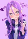  1girl blush jacket kumatorako long_hair open_mouth original purple_hair shirt t-shirt twintails violet_eyes 