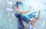  1girl :d ahoge bangs bare_tree barefoot blue_bow blue_eyes blue_hair blue_skirt blush bow cirno commentary_request eyebrows_visible_through_hair floating hair_bow head_tilt ice ice_wings open_mouth petticoat puffy_short_sleeves puffy_sleeves shironeko_yuuki shirt short_hair short_sleeves skirt smile solo suspender_skirt suspenders touhou tree white_shirt wings 