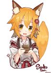  1girl animal_ear_fluff animal_ears character_name cup fang flower fox_ears fox_girl fox_tail hair_flower hair_ornament highres holding holding_cup japanese_clothes miko senko_(sewayaki_kitsune_no_senko-san) sewayaki_kitsune_no_senko-san skin_fang solo tail tea twitter_username upper_body white_background yamacchi yellow_eyes 