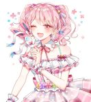  1girl ;d back_bow bang_dream! bangs blue_eyes blush bow center_frills commentary_request crossover detached_collar dress flower frilled_cuffs frilled_dress frills hair_flower hair_ornament hair_ribbon highres korean_commentary maruyama_aya neck_ribbon one_eye_closed open_mouth pink_bow pink_dress pink_eyes pink_flower pink_hair pink_ribbon pokemon pokemon_(creature) pokemon_on_shoulder pom_pom_earrings purple_flower ribbon sidelocks smile solo striped striped_ribbon sylveon ttori twintails wrist_cuffs yellow_flower 