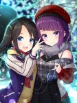  2girls :d arm_up bangs belt beret black_hair black_nails blue_eyes blue_jacket blunt_bangs blurry blurry_background blush checkered checkered_shirt commentary depth_of_field dress ear_piercing eyebrows_visible_through_hair fur_scarf grey_shirt hair_ornament hat holding holding_umbrella idolmaster idolmaster_shiny_colors jacket layered_dress long_hair looking_at_viewer mitsumine_yuika multiple_girls nail_polish night open_mouth outdoors piercing plaid plaid_scarf purple_hair red_headwear red_nails red_scarf rusha_(r_style) scarf shirt side-by-side smile standing striped_sleeves sweater_vest swept_bangs tanaka_mamimi transparent transparent_umbrella twintails umbrella upper_body upper_teeth violet_eyes 