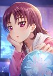  1girl :o artist_name bangs blurry blurry_background chin_rest commentary dated english_commentary hair_down highres hood hood_down kazuno_leah long_hair long_sleeves looking_at_viewer love_live! love_live!_sunshine!! pink_hoodie purple_hair shamakho snow_globe solo upper_body violet_eyes 