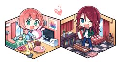  2girls ;d bang_dream! bangs bed bedroom blue_eyes blue_jacket blue_pants checkered checkered_floor chibi curtains fang flower green_eyes green_jacket heart hood hood_down hooded_jacket isometric jacket lamp long_hair metronome multiple_girls one_eye_closed open_mouth pants paper pillow pink_footwear pink_hair poster_(object) purple_footwear re_ghotion redhead shirt slippers smile standing stuffed_animal stuffed_bunny stuffed_toy table television twintails udagawa_tomoe uehara_himari v-shaped_eyebrows vase white_shirt window 