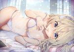  1girl bare_shoulders bed_sheet blonde_hair blue_bra blue_eyes blue_panties bra breasts cat_ear_panties emori_el emori_miku_project finger_to_mouth hair_ribbon ipad karinto_yamada lingerie long_hair looking_at_viewer lying navel on_side panties ribbon see-through small_breasts smile solo strap_slip tablet_pc thighs underwear underwear_only window wrist_cuffs 
