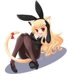  1girl :d animal_ears arms_up bangs between_breasts black_footwear black_gloves black_hairband black_leotard black_neckwear blonde_hair blush breasts brown_legwear bunny_pose cat_ears cat_girl cat_tail commentary_request elbow_gloves eyebrows_visible_through_hair fake_animal_ears fang full_body gloves hair_between_eyes hairband highres kanijiru kittysuit knees_together_feet_apart knees_up large_breasts leotard long_hair looking_at_viewer necktie necktie_between_breasts open_mouth original pantyhose rabbit_ears red_eyes red_ribbon ribbon shadow shoe_soles shoes short_necktie signature smile solo strapless strapless_leotard tail tail_ribbon very_long_hair white_background 
