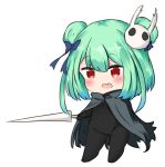  1girl bailingxiao_jiu bangs black_bodysuit black_cloak blue_bow blue_flower blush bodysuit bow cloak commentary_request double_bun eyebrows_visible_through_hair fang flower full_body green_hair hair_between_eyes hair_bow hair_flower hair_ornament holding holding_weapon hololive long_hair open_mouth red_eyes simple_background solo standing uruha_rushia virtual_youtuber weapon white_background 