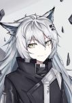  1girl animal_ear_fluff animal_ears arknights bangs black_jacket commentary_request eyebrows_visible_through_hair fuxiou_fuxiu grey_background grey_eyes hair_between_eyes high_collar jacket lappland_(arknights) long_hair looking_at_viewer scar scar_across_eye silver_hair smile solo upper_body wolf_ears 