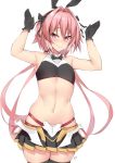  1boy animal_ears astolfo_(fate) astolfo_(saber)_(fate) black_gloves blush bow bowtie breath crop_top crossdressinging fake_animal_ears fang fate/grand_order fate_(series) flat_chest gloves hair_ribbon heart heart-shaped_pupils highres kuavera long_hair microskirt multicolored_hair navel otoko_no_ko parted_lips pink_eyes pink_hair ribbon short_hair_with_long_locks signature skirt smile streaked_hair symbol-shaped_pupils thigh-highs thighs twintails very_long_hair white_background zettai_ryouiki 