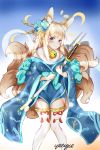  1girl absurdres animal_ears azur_lane bare_shoulders bell blue_background blue_kimono boots breasts cowboy_shot eyebrows_visible_through_hair flower fox_ears fox_tail gradient gradient_background hair_between_eyes hair_flower hair_ornament highres holding holding_sword holding_weapon huge_filesize japanese_clothes jingle_bell katana kimono kulayueyue light_particles long_hair long_sleeves looking_at_viewer medium_breasts multiple_tails niizuki_(azur_lane) sheath short_kimono shouji sliding_doors smile solo standing sword tail thick_eyebrows thigh-highs thigh_boots twitter_username unsheathed weapon white_legwear wide_sleeves yellow_background 