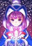  1girl bangs beanie blue_coat blue_dress blue_gloves blue_headwear blush bow box coat dress fate/grand_order fate/grand_order_arcade fate_(series) fur-trimmed_coat fur-trimmed_dress fur_trim gift gift_box gloves gradient gradient_background hat helena_blavatsky_(christmas)_(fate) helena_blavatsky_(fate/grand_order) highres hooded_coat large_bow long_sleeves looking_at_viewer matsuryuu open_clothes open_coat open_mouth purple_background purple_hair short_hair simple_background smile snowing solo violet_eyes 