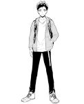  1boy akagi_kanata backpack bag closed_mouth fate/type_redline fate_(series) full_body greyscale hand_in_pocket highres hirano_ryouji jacket male_focus monochrome official_art open_clothes open_jacket shoes sneakers solo 