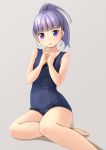  1girl bangs bare_arms bare_legs bare_shoulders barefoot blue_swimsuit collarbone commentary_request eyebrows_visible_through_hair grey_background hands_together hands_up high_ponytail highres looking_at_viewer old_school_swimsuit one-piece_swimsuit open_mouth original own_hands_together ponytail purple_hair school_swimsuit shadow shibacha sitting solo swimsuit violet_eyes yokozuwari 
