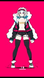  1girl absurdres bandeau belt black_legwear clenched_hands collarbone full_body fur_trim goggles goggles_on_head hair_between_eyes highres jacket looking_at_viewer midriff navel niwarizumu original pink_background pink_eyes short_hair shorts simple_background solo thigh-highs 