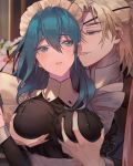 1boy 1girl alternate_costume black_ribbon blonde_hair blue_eyes blue_hair blurry blurry_background breast_grab breasts byleth_(fire_emblem) byleth_eisner_(female) commentary dimitri_alexandre_blaiddyd enmaided eyebrows_visible_through_hair eyepatch face fire_emblem fire_emblem:_three_houses grabbing hair_between_eyes hair_ornament hair_ribbon hetero highres large_breasts long_hair looking_at_another maid maid_headdress parted_lips peach_luo ponytail ribbon short_hair smile